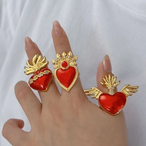 Adjustable gold-plated red heart rings with wings and crowns featuring zircon stones