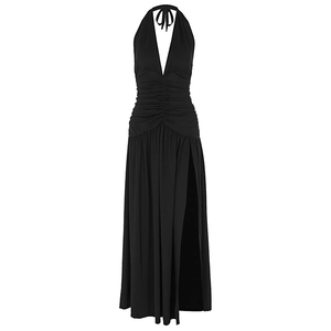 Robe longue noire dos nu moulante avec décolleté en V et fente latérale élégante