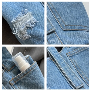 Detailed views of distressed denim fabric with double stitching and functional pocket