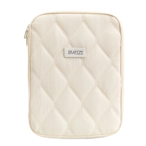 Quilted beige sleeve case for tablets featuring diamond stitch pattern and zip closure