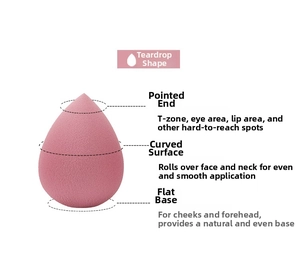 Detail of tear-drop makeup sponge with functional zones for eyes, nose and full face