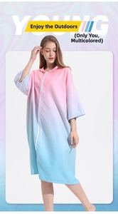 Detail of quick-dry gradient hooded robe with zipper closure for beach and surfing