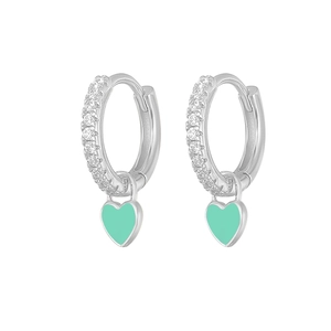Detailed view of silver hoop earrings with clear zircons and mint green heart enamel charms