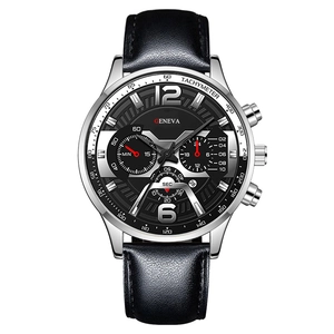 Front view of men's black quartz chronograph watch with stainless steel case and leather strap