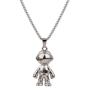 Close-up of a silver astronaut pendant with 3D details on a sleek box chain