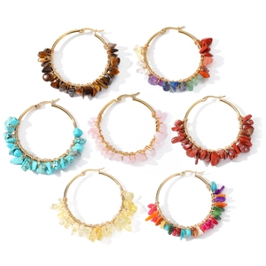 Bohemian stainless steel hoop earrings with colorful natural stone beads for women