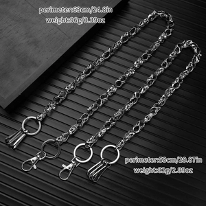 Silver skull wallet chain specifications with size 53cm and 63cm on dark background