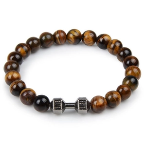 Tiger eye stone bead bracelet with metal dumbbell charm featuring Live Lift engraving
