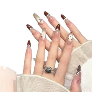 30pcs French bow fake nails set with cat eye dye and almond shape for autumn winter