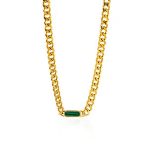 Cuban Link Chain Necklace And Bracelet 18K Gold Plated 316L Stainless Steel Rectangular Malachite Shell Inlay Trendy