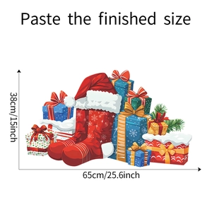 Detail view of Christmas stocking and gift box wall stickers with precise size measurements