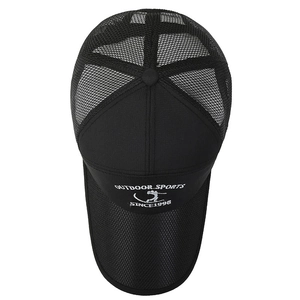 Black trucker hat with outdoor sports embroidery and breathable mesh back for summer