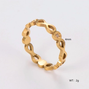 Infinity loop golden stainless steel ring with zircon stone, 4mm width and 2g weight