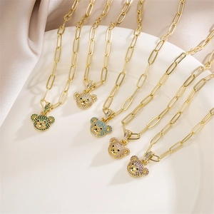 Copper Bear Pendant Necklace Colorful Zircon Micro Pave Paperclip Chain Animal Fashion Jewelry For Women