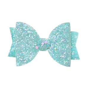 Glittery mint green bow hair clip for girls with shimmering holographic sequins