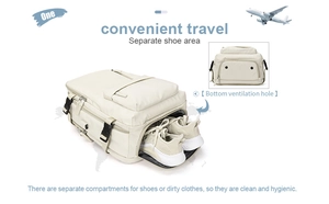 Detail of beige travel backpack featuring separate shoe compartment and ventilation holes