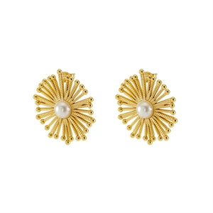 Golden stainless steel bohemian sunflower stud earrings with elegant white center pearl