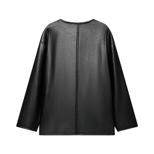 Fashionable black faux leather jacket with round neck and drop shoulders back view