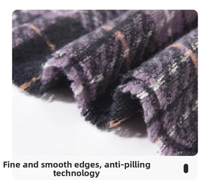 Detail of taro purple plaid scarf showing smooth lock-stitched edges and anti-pilling fabric