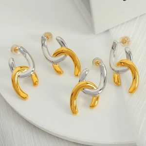 Minimalist interlocking geometric chain earrings in gold and silver finish set of two