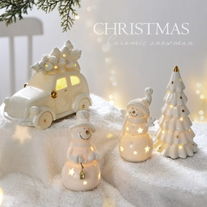 Christmas Ceramic Figurine LED Light Up Snowman Tree Car Desktop Decor White Glazed Warm Glow Elegant Holiday Ornament