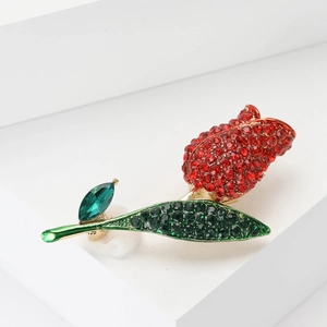 Exquisite tulip flower brooch with red rhinestones and green crystal leaf for elegant suits