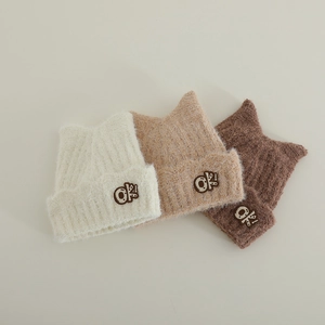 Cute kitten ear knit hats in beige and brown faux mink fur with stylish OK patches