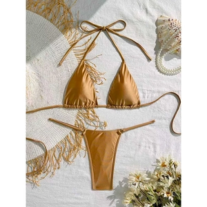 Metallic Bronze Halter Triangle Bikini Top And Tie Side Bottom Beach Swimsuit For Women Summer Vacation Stylish Glamorous