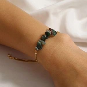 Adjustable golden chain bracelet for women featuring multi-color natural raw stone beads