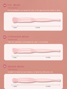 Detailed infographic of 3 pink eye brushes with dimensions and usage instructions