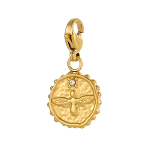 Detail of round golden honey bee pendant with hammered texture and cubic zirconia stone