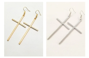 Detailed comparison of long minimalist cross drop earrings in gold and silver finishes