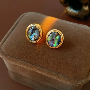 Close-up of 18K gold plated earrings with black mother of pearl on brown velvet
