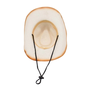 Detail showing inner woven texture and adjustable black chin strap on sun hat