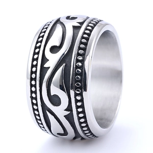 Vintage breiter Ring aus Edelstahl mit Stammesmuster und Perlenbesatz
