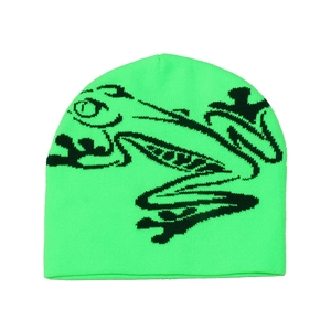 Neon green knitted beanie featuring a black gecko pattern for winter warmth and street style