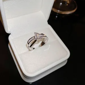 Silver double-layer zircon open ring with rectangular crystals in a white gift box