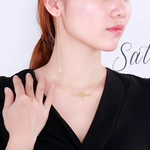 Minimalist gold lightning heartbeat necklace and long hanging earrings set for women
