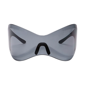 Oversized punk Y2K wraparound sunglasses with grey lenses and black butterfly shield frame