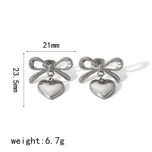 Polished silver heart drop earrings with bow studs and product dimensions on white background