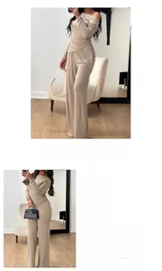 Detail of beige two-piece set showing fabric material list and elegant off-shoulder top