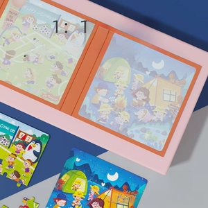 Macro detail of magnetic puzzle book featuring vivid football and camping theme illustrations
