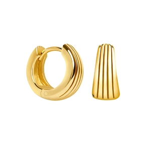 Minimalist gold hoop earrings with vertical ribbed texture and polished metallic finish