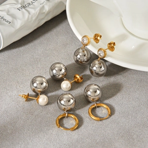 Stainless Steel Mixed Color Spherical Drop Earrings With Imitation Artificial Pearl And Cubic Zirconia For Women Luxury Minimalist High Polish