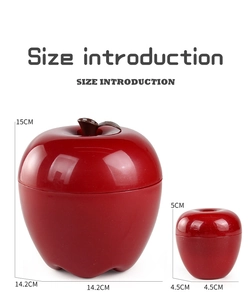 Detailed size comparison of red apple-shaped storage containers in two different dimensions