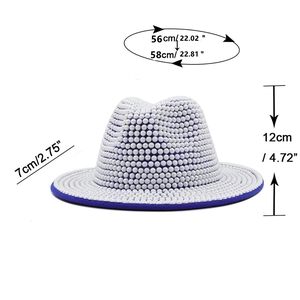 Two-tone wool fedora hat with white pearl beads and blue brim including size measurements