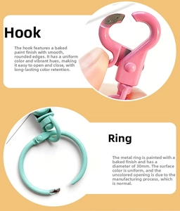 Detail of pink and teal painted metal swivel lobster clasps with 30mm key rings