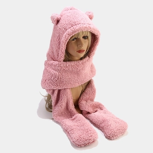 Pink plush 3-in-1 hood scarf with bear ears and pocket gloves for winter warmth