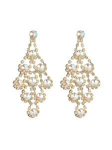 Detail view of chandelier drop earrings with iridescent AB crystals and gold finish
