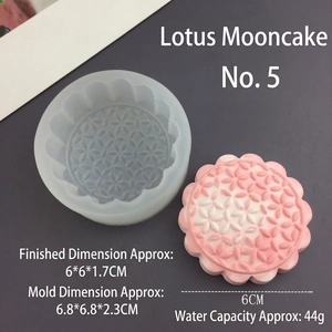 Detail view of round lotus silicone mooncake mold with precise size measurements